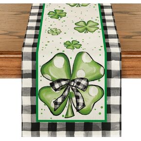 Artoid Mode Buffalo Plaid Dots Shamrocks St.Patrick's Day Table Runner, Seasonal Kitchen Dining Table Runner for Home Party Decor 13x72 Inch