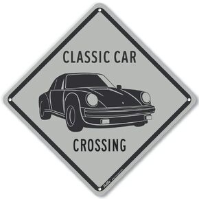 PKAC-1213-NA_10x10 "Classic Car Crossing Porsche" Aluminum Sign, 10" x 10", Gray