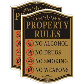 Property Rules No Alcohol No Drugs No Smoking No Weapons Signs 14" x 10" Property Rules Signs, No Weapons Signs, No Alcohol Signs, Rust-Free Aluminum, Weatherproof, Easy to Install, 2 Pack