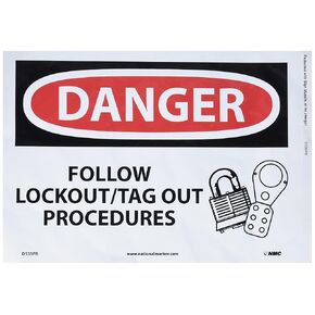 NMC D535RB OSHA Sign, Legend "DANGER - FOLLOW LOCKOUT/TAG OUT PROCEDURES" with Graphic, 14" Length x 10" Height, Rigid Plastic, Black/Red on White