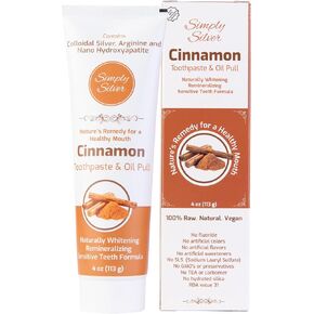 Simply Silver Toothpaste - Nano Hydroxyapatite & Colloidal Silver Natural Toothpaste & Oil Pull, Fluoride Free, Remineralizing & Sensitive Teeth New Formula, 4 oz (Cinnamon)