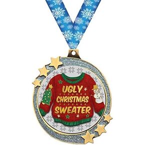 Crown Awards Ugly Christmas Sweater Silver Glitter Award Medals, 2.5" Gold Shooting Star Ugly Sweater Trophies Prime