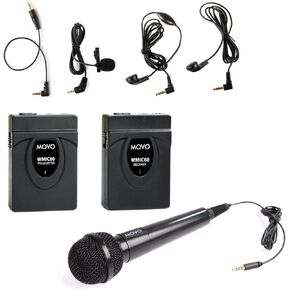 Movo Wireless Lapel Microphone System, 164-Foot Range, Includes Handheld Mic, Lav Mic, 2 Earphones, Audio Monitoring