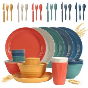 Wheat Straw Dinnerware Sets - SGAOFIEE 36 Piece Unbreakable Dinnerware Sets, Reusable Wheat Straw Plates and Bowls Sets, Travel Camping Cutlery Set, Dishwasher Microwave Safe Dinnerware Colourful