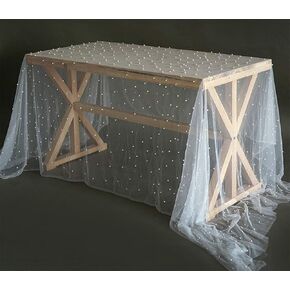 Set of 2 Table Runner 10ft Wedding Veil White Dessert Tablecloth Chiffon Tulle Pearl Lace Boho Glitter Table Sequins Overlay Wedding Aisle Runner Denim and Diamonds Party Decorations Doilies