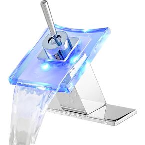 Bathroom Faucet Chrome Waterfall Glass Spout RBG Led Light 3 Color Chaning Battery Power Deck Mount One Handle Single Hole Modern Designer Bath Lavatory Vanity