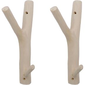 2Pcs Real Wood Tree Branch Double Wall Hooks, Farmhouse Rustic Decorative Wooden Without Bark Trunk Thickness 2cm-3cm with Screw