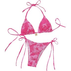 Women's 2 Piece Bikini Set Floral Thong Bikini Triangle String Swimsuit High Cut Bathing Suits Summer Beach Wear
