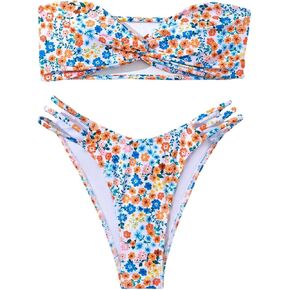 SHENHE Women's 2 Piece Bandeau High Cut Swimsuit Floral Twist Front String Bathing Bikini Set