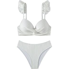 SweatyRocks Women's 2 Piece Swimsuit Twist Front Ruffle Trim Bikini Set