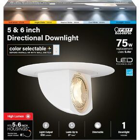Feit Electric 5-6 inch Adjustable Scoop Recessed LED Downlight, Selectable Colors, Dimmable, 75W Equivalent, 45 Year Life, 540 Lumen, High CRI, LEDR56SCP/6WYCA