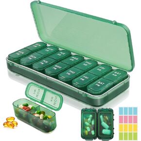 Weekly Pill Organizer 2 Times a Day + 2 Detachable Pill Organizers kit - AM PM Travel Pill Organizer for Vitamin Medicine Supplement Fish Oil, Green Daily Pill Organizer 2 Times a Day