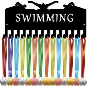 CREATCABIN Swimming Medal Hanger Sports Medal Holder Display Awards Lanyard Ribbons Organizer Small Black Wall Mount Decor with 14 Hooks for Hanging 20+ Medals Swimmer Marathon Race 11.4x5.1Inch