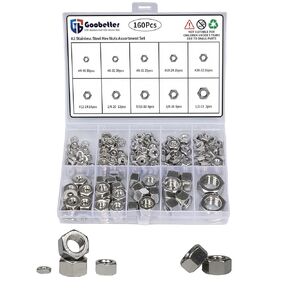 Goobtter Hardware Nuts, 160 Pcs Hex Nuts Sets, 4#40 6#32 8#32 10#24 10#32 12#24 1/4-20 5/16-18 3/8-16 1/2-13, 304 (A2-70) Stainless Steel Nut Assortment Set, for Lock Washers and Screw Bolts