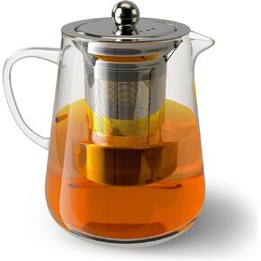 Glass Teapot with Removable Stainless Steel Infuser (32oz / 950ml) - High Borosilicate, Stovetop & Microwave Safe, Heat-Resistant Tea Kettle - Blooming & Loose Leaf Tea, Clear