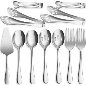 11 PCS Serving Utensils, Large Stainless Steel Spoons Forks Tongs, Pie Server, Great for Hostess Buffet Catering Banquet Party, Silver