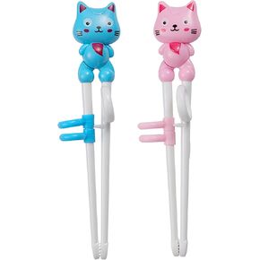 2Pairs kid chopsticks, learning chopsticks helper Practice Chopsticks for kids, training chopsticks with animals for beginners Toddler (cat pink +blue)