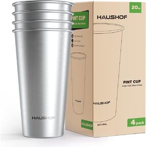HAUSHOF Pint Cup, 20 oz Stainless Steel Cups, Stackable Metal Drinking Cups, Stacking Beer Pint Cups for Home, Party, Camping, Outdoor, Unbreakable, 4 Pack