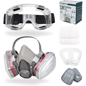 Respirator Mask for Spray Painting, Woodworking, Welding, Dust, and General Safety with Clear Eye Goggles, 10 Replacement Filters, Half Face Cover with Safety Glasses