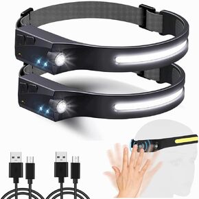 Headlamp Rechargeable 2 Pack, 230° Wide Beam Head Lights for Forehead with Motion Sensor, Waterproof 230 LED Headlamps for Running Fishing, Cycling, Camping