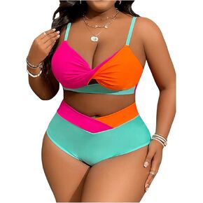 Oyoangle Women's Plus Size Swimsuit Block Block Twist Front Ruched Bikini مجموعة ملابس مرتفعة
