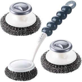 Stainless Steel Wool Scrubber with Handle, Heavy Duty Pot Scrubbers Dish Scrubber Cleaning Brush Wash for Dish, Stainless Steel Scrubbing Brushes Cleaning Supplies for Pots, Pans, Grills, Sink (3)