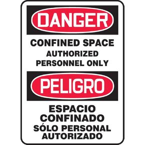 Accuform SBMCSP141VS Adhesive Vinyl Spanish Bilingual Sign, Legend "DANGER CONFINED SPACE AUTHORIZED PERSONNEL ONLY/PELIGRO ESPACIO CONFINADO SOLO PERSONAL AUTORIZADO", 14" Length x 10" Width x 0.004" Thickness, Red/Black on White