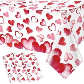 3Pcs Valentines Day Tablecloth Decorations,Disposable Red Love Hearts Rectangle Valentine Plastic Table Cover for Wedding Birthday Anniversary Engagement Valentine's Day Party Supplies,54x108 Inch