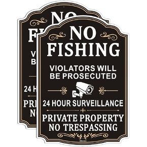 No Fishing, Private Property No Trespassing, 24 Hour Surveillance, Violators Will Be Prosecuted Signs 14" x 10"No Fishing Signs, Video Surveillance Signs, Rust-Free Aluminum, 2 Pack