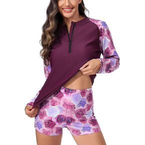 Womens Two Piece Plus Size Long Sleeve Rash Guard Sets Half Zip Swim Shirts Top and Shorts UPF50+ Swimsuit