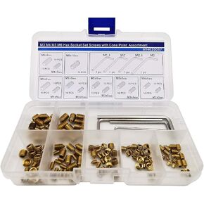 Brass M3 M4 M5 M6 Hex Socket Set Screws Assortment Kit,Cone Piont,130 Pieces