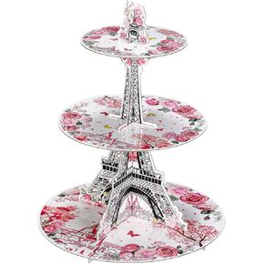 Honeydak 3 Tier Paris Party Cupcake Stand Decorations Pink Paris Theme Cupcake Holder Decorations Paris Eiffel Tower Dessert Tower for Kids European City Landscape Pink Theme Party Birthday Supplies