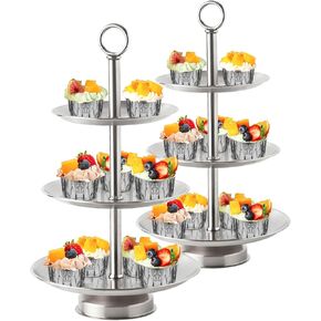 3 Tier Silver Metal Cupcake Stand Holder,Stainless Steel Cup Cake Stand Tower with Tiered Serving Tray and Base for Parties,Weddings,Birthdays and Any Festivals and Celebrations(2 Pack)