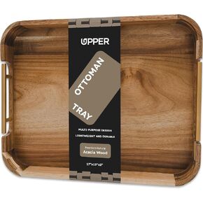 UPPER Ottoman Tray 17x13 Inches Acacia Wood Serving Tray with Handles, Decorative Serving Tray with Handles, Wooden Serving Tray for Ottoman, Coffee Table Tray, Breakfast Tray Anti-Skid Pad Included