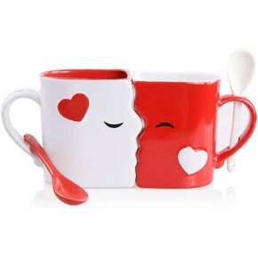 Kissing Mugs Set, Anniversary & Wedding Gifts, Exquisitely Crafted Two Large Cups & Spoons for Couples, For Him and Her on Valentines, Birthday, Engagement by Blu Devil