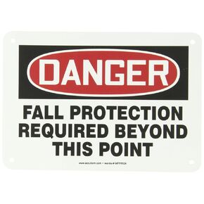 Accuform MFPR104VP Plastic Safety Sign, "Danger Fall Protection Required Beyond This Point", 7" Length x 10" Width x 0.055" Thickness, Red/Black on White