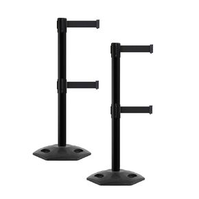 CCW Series WBB-200D - Set of 2 Retractable Dual Belt Barrier Stanchion, Heavy Duty Rubber Base, Black Post (11 Foot Belt, Black Belt)