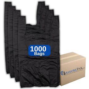Economy Black Plain Embossed T-Shirt Bag - 10"x 5"x 18" - 1000 Bags Bulk - 13 Mic - Easy Opening - For Retail, Groceries, Merchandise, Convenience Store, Supermarket, Restaurant