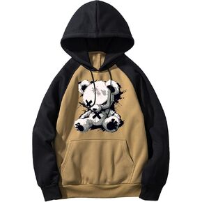 MakeMeChic Men's Cartoon Print Hooded Drawstring Long Sleeve Sweatshirt Pocket Loose Athletic Pullovers