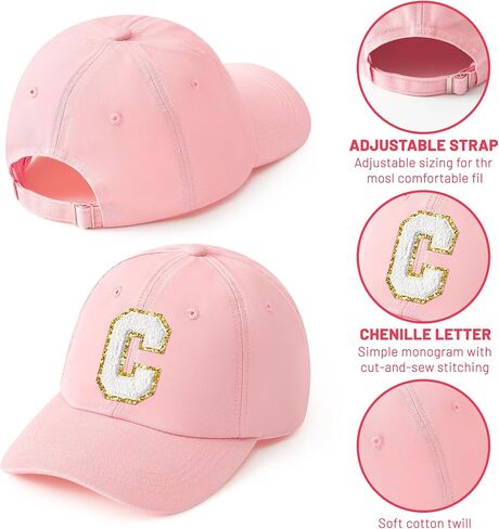 WATINC Women's Adjustable White Chenille Letter Patch Baseball Cap Pink Soft Cotton Hat, Classic Alphabet Baseball Caps in Saudi Arabia