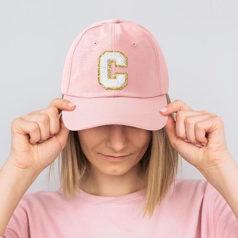 WATINC Women's Adjustable White Chenille Letter Patch Baseball Cap Pink Soft Cotton Hat, Classic Alphabet Baseball Caps in Saudi Arabia