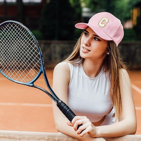 WATINC Women's Adjustable White Chenille Letter Patch Baseball Cap Pink Soft Cotton Hat, Classic Alphabet Baseball Caps in Saudi Arabia