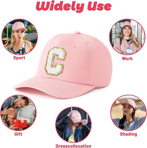 WATINC Women's Adjustable White Chenille Letter Patch Baseball Cap Pink Soft Cotton Hat, Classic Alphabet Baseball Caps in Saudi Arabia