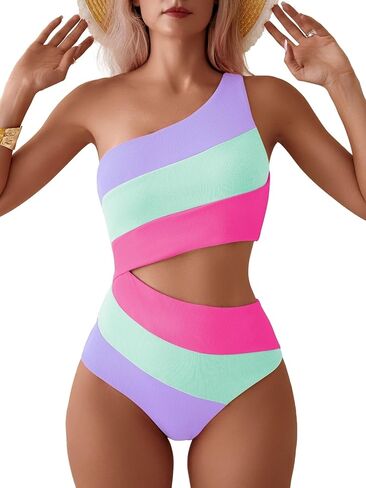 TASHEHE Women's One Shoulder One Piece Swimsuit Sexy Color Block Patchwork Bathing Suit Modest Full Coverage Cutout Swimwear in Saudi Arabia