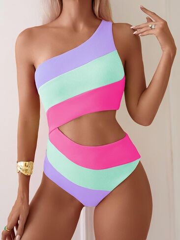TASHEHE Women's One Shoulder One Piece Swimsuit Sexy Color Block Patchwork Bathing Suit Modest Full Coverage Cutout Swimwear in Saudi Arabia