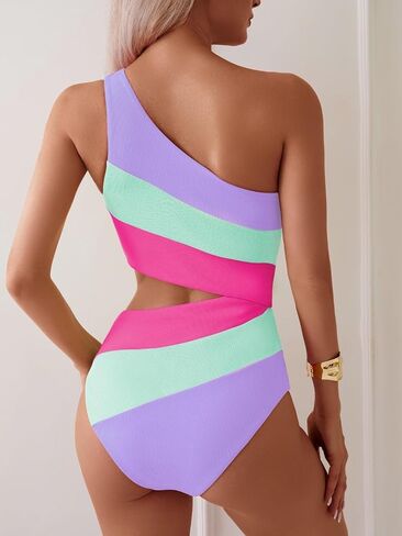 TASHEHE Women's One Shoulder One Piece Swimsuit Sexy Color Block Patchwork Bathing Suit Modest Full Coverage Cutout Swimwear in Saudi Arabia