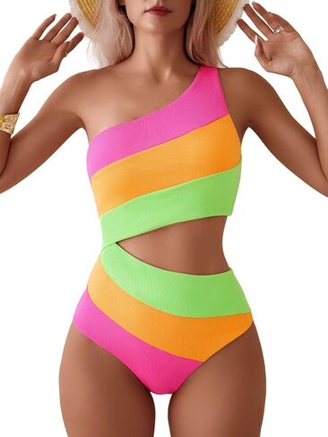TASHEHE Women's One Shoulder One Piece Swimsuit Sexy Color Block Patchwork Bathing Suit Modest Full Coverage Cutout Swimwear in Saudi Arabia