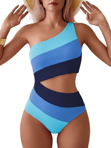 TASHEHE Women's One Shoulder One Piece Swimsuit Sexy Color Block Patchwork Bathing Suit Modest Full Coverage Cutout Swimwear in Saudi Arabia