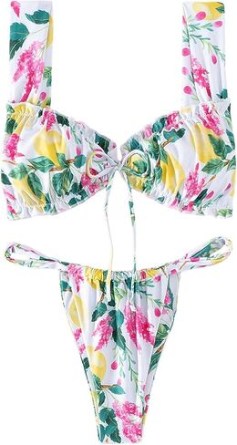 SweatyRocks Women's Floral Print Knot Front Ruffle Bathing Suit Two Piece Bikini Set in Saudi Arabia