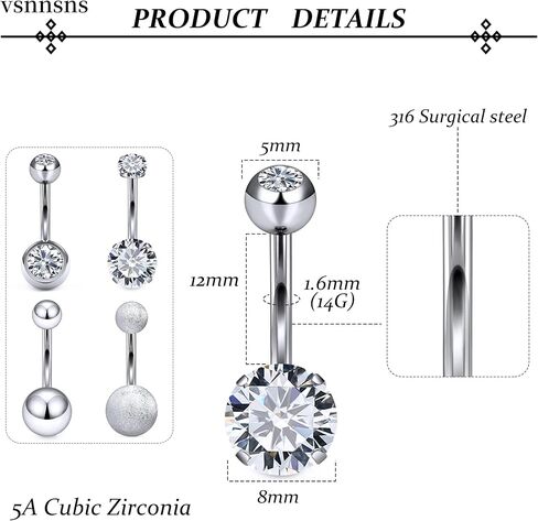 Vsnnsns 14G Belly Button Rings Belly Rings for Women Stainless Steel Belly Button Piercing Jewelry Belly Bars Curved Navel Ring Barbell Body Jewelry Piercing for Women Men 8MM-14MM 6Pcs in Saudi Arabia